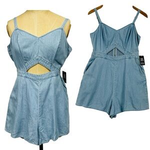 NWT Express Romper Lyocell Denim Soft Cutout Shorts Casual Minimal Contemporary